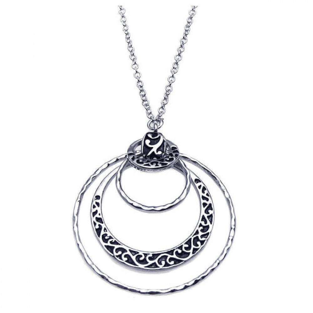 Sterling Silver Necklace with Multi Open Circle Pendant Inlaid with Flower Vine Design