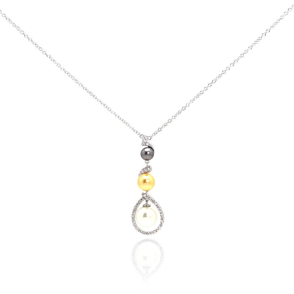 Sterling Silver Necklace with Classy Dangling Drop Inlaid with Czs and Three Pearl Pendant