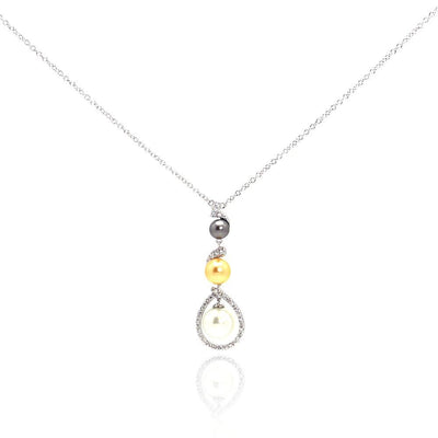 Sterling Silver Necklace with Classy Dangling Drop Inlaid with Czs and Three Pearl Pendant