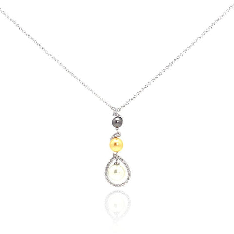 Sterling Silver Necklace with Classy Dangling Drop Inlaid with Czs and Three Pearl Pendant