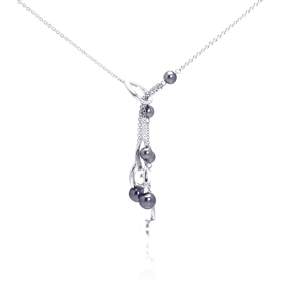 Sterling Silver Necklace with Fancy Dangling Chains Connected with Black Pearls Pendant