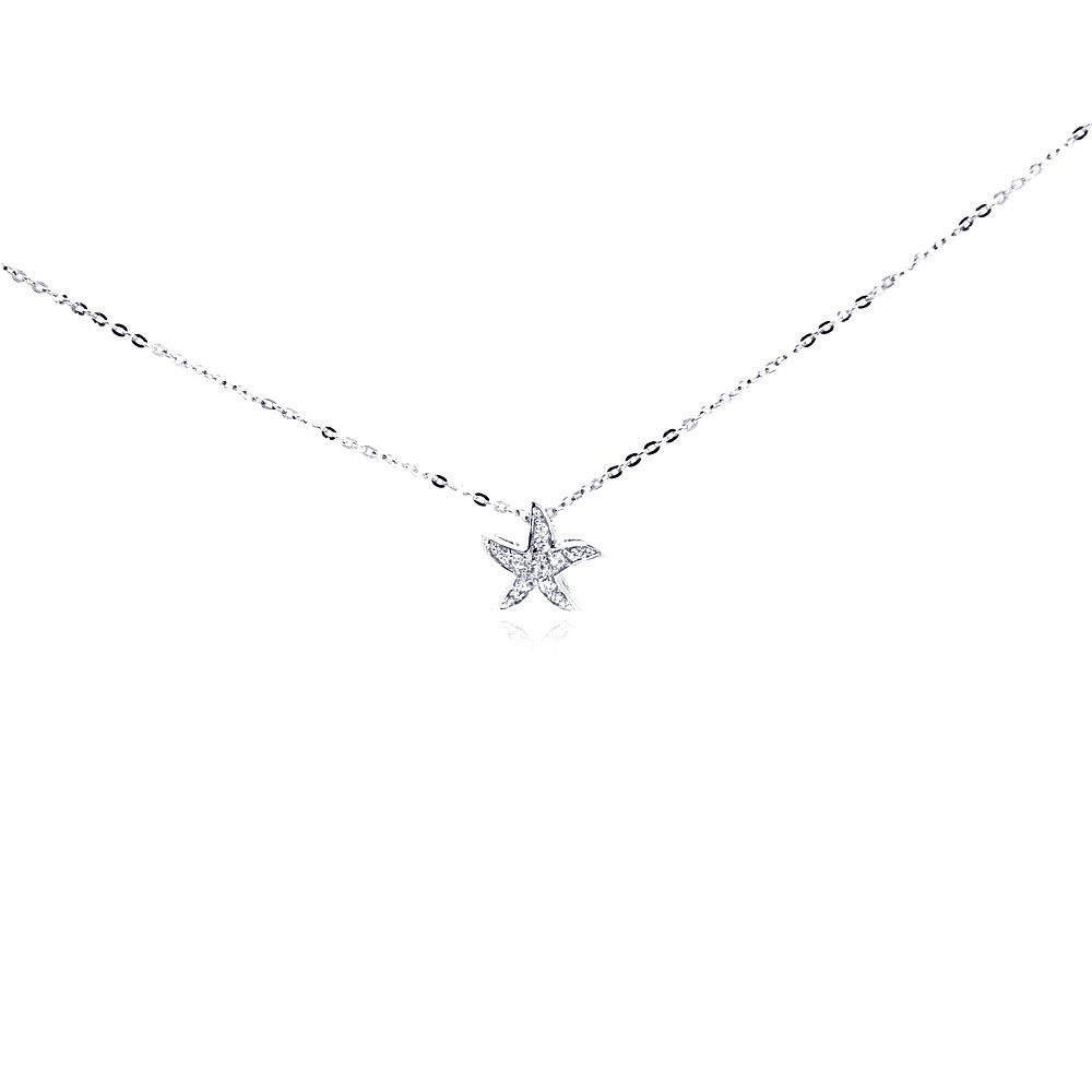 Sterling Silver Necklace with Tiny Paved Starfish Pendant