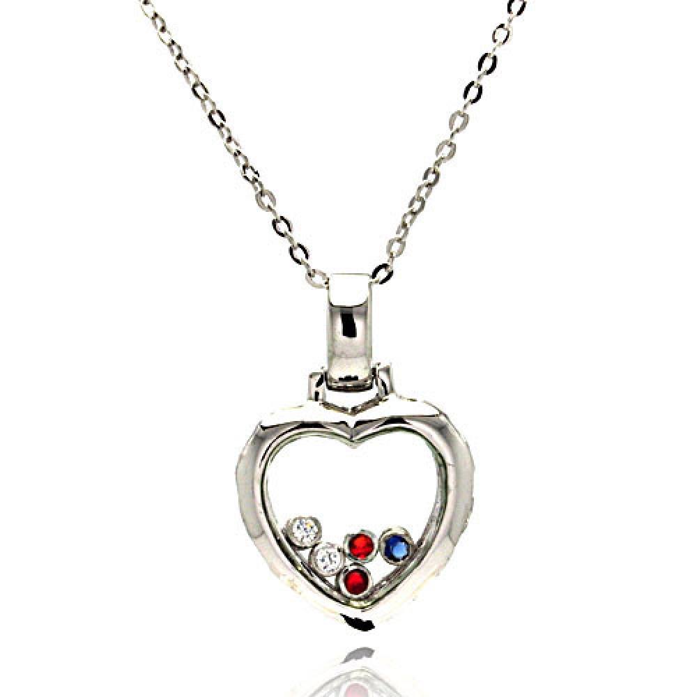 Sterling Silver Necklace with Heart Glass Pendant with Multi-Color Czs Inside