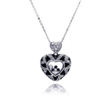 Sterling Silver Necklace with Classy Double Paved Clear and Black Czs Heart Glass Pendant with Multi Czs Inside