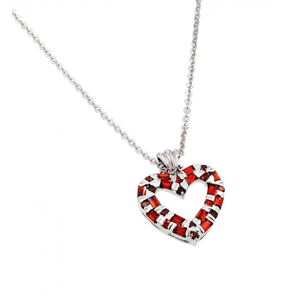 Sterling Silver Necklace with Fancy Open Heart Inlaid with Baguette Cut Clear and Red Czs PendantAnd Chain Length of 16 -18  AdjustableAnd Pendant Dimensions: 22.1MMx18MM