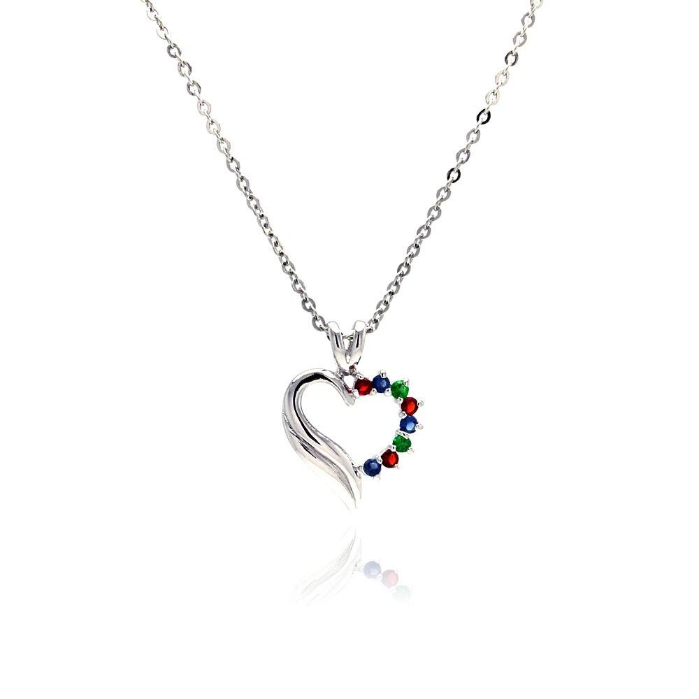 Sterling Silver Necklace with Trendy Open Heart Inlaid with Multi-Color Czs Pendant