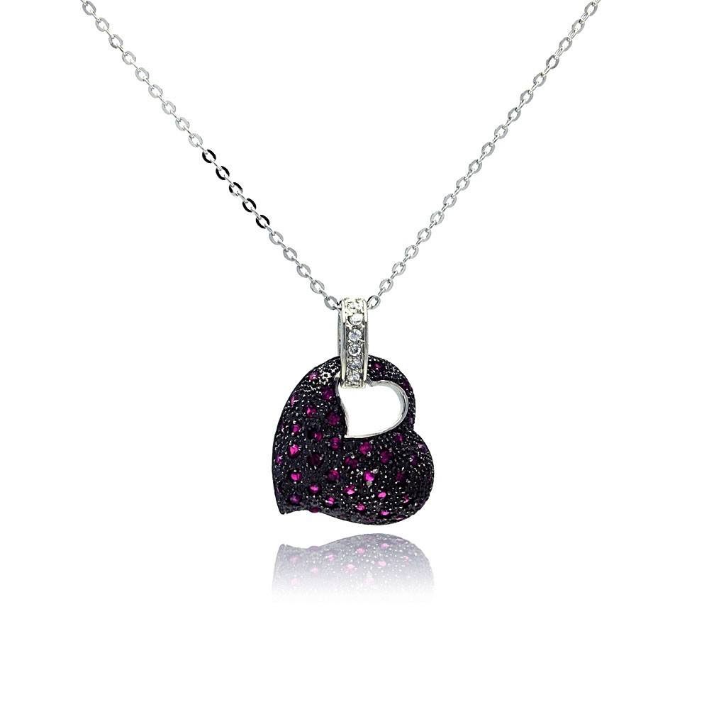 Sterling Silver Necklace with Clear Czs Bail and  Rhodium Black Plated Heart Inlaid with Amethyst Czs Pendant