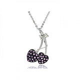 Sterling Silver Necklace with Black Rhodium Plated Double Cherry Heart Inlaid with Lavender Czs Pendant