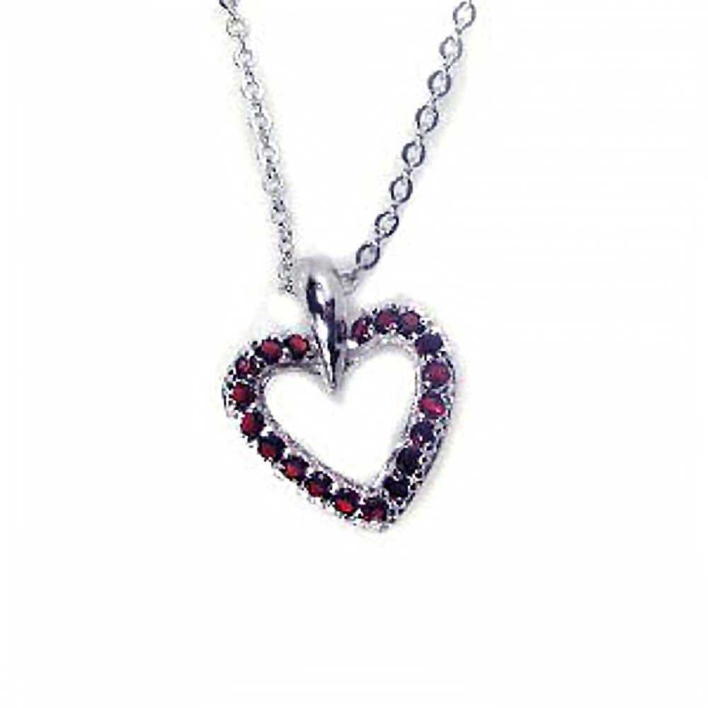 Sterling Silver Necklace with Modish Open Heart Inlaid with Garnet Czs Pendant