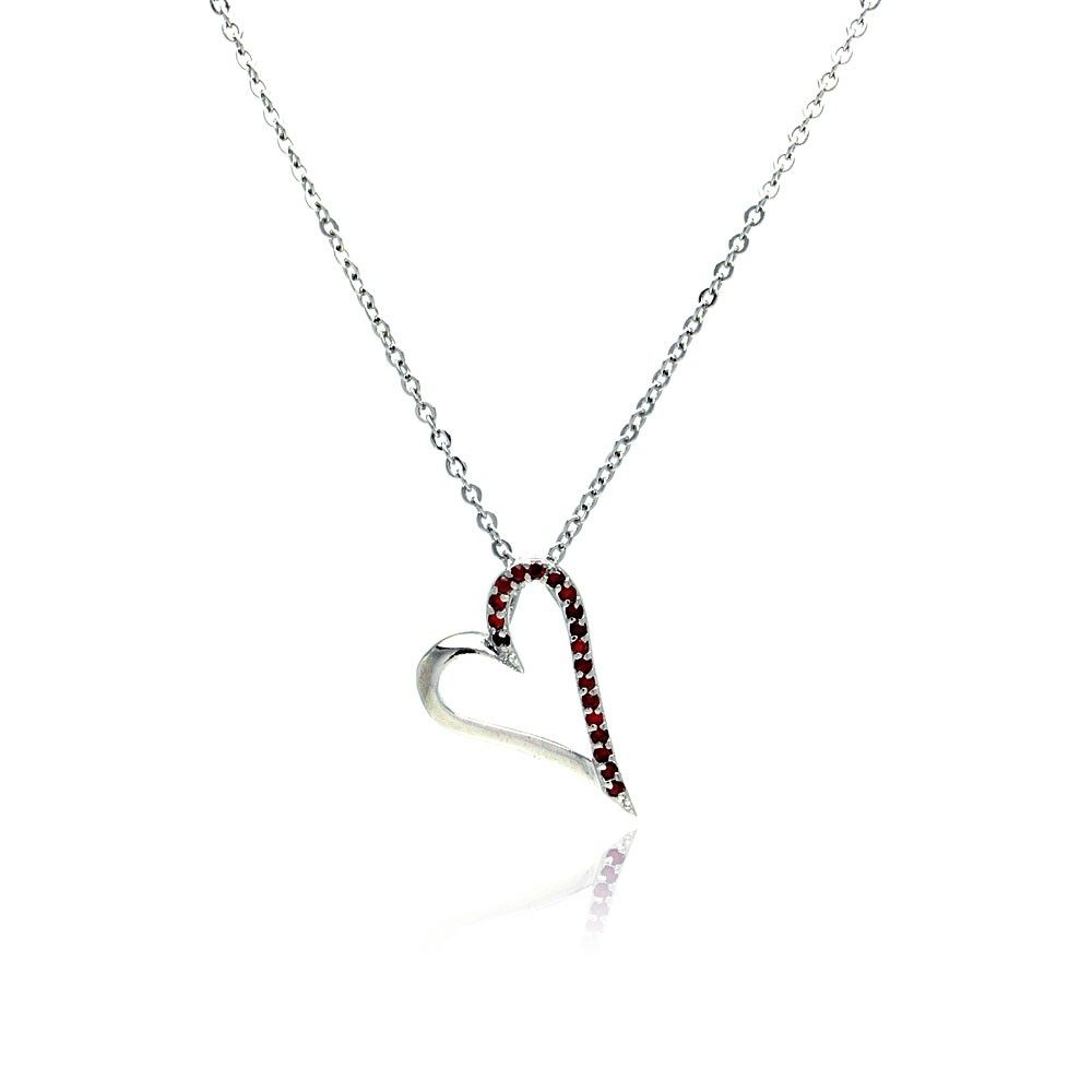 Sterling Silver Necklace with Sideways Open Heart Inlaid with Garnet Czs Pendant