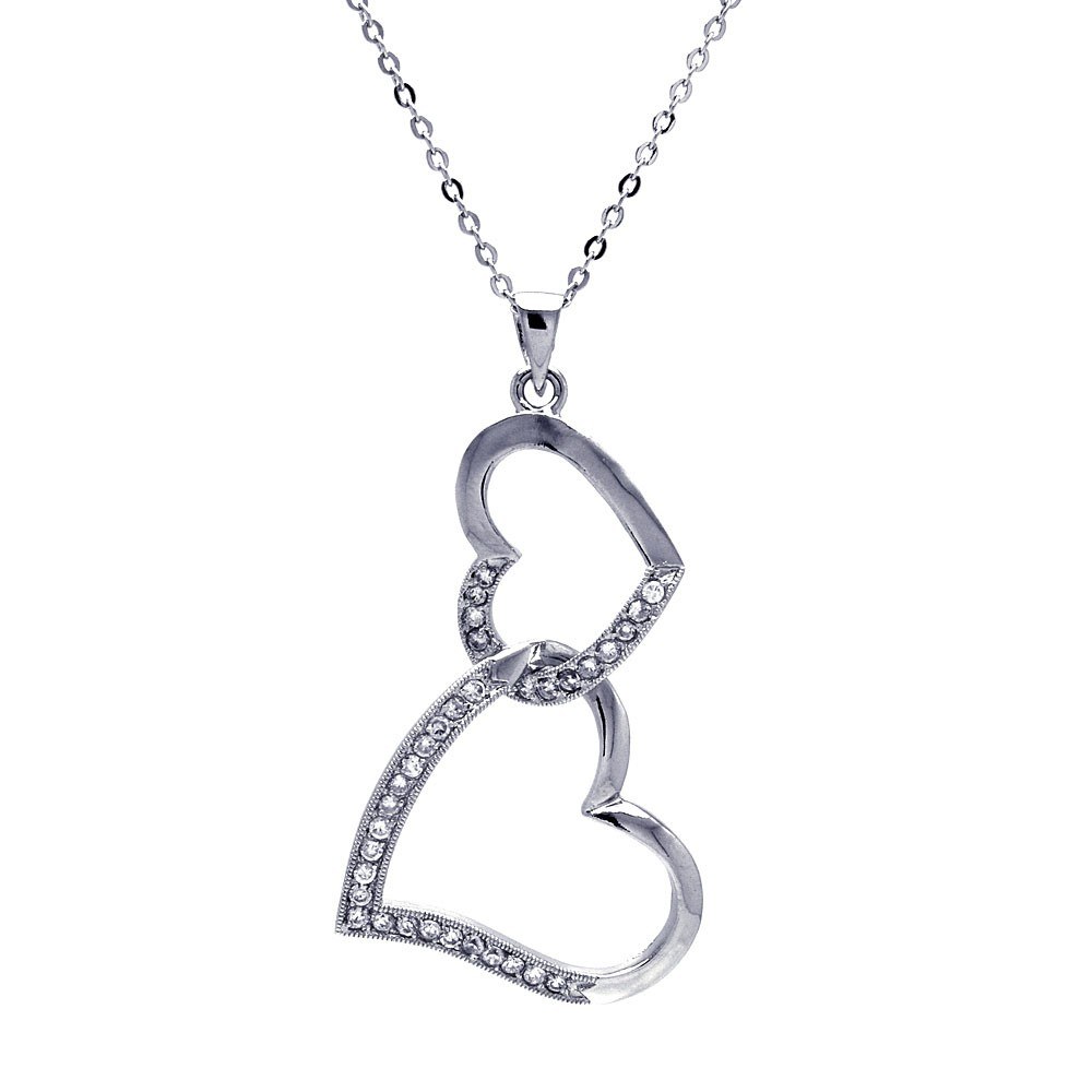 Sterling Silver Necklace with Double Dangling Heart Inlaid with Clear Czs Pendant