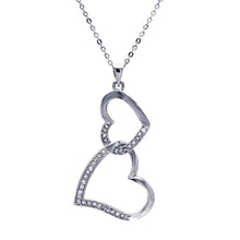 Load image into Gallery viewer, Sterling Silver Necklace with Double Dangling Heart Inlaid with Clear Czs Pendant