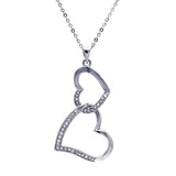 Sterling Silver Necklace with Double Dangling Heart Inlaid with Clear Czs Pendant