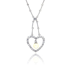 Sterling Silver Fashion Necklace with Open Paved Heart and Centered White Pearl Pendant