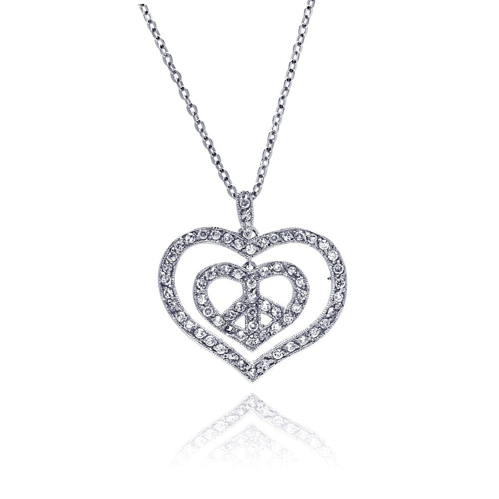 Sterling Silver Rhodium Plated Peace Double Heart Pendant Necklace with CZ