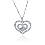 Sterling Silver Rhodium Plated Peace Double Heart Pendant Necklace with CZ