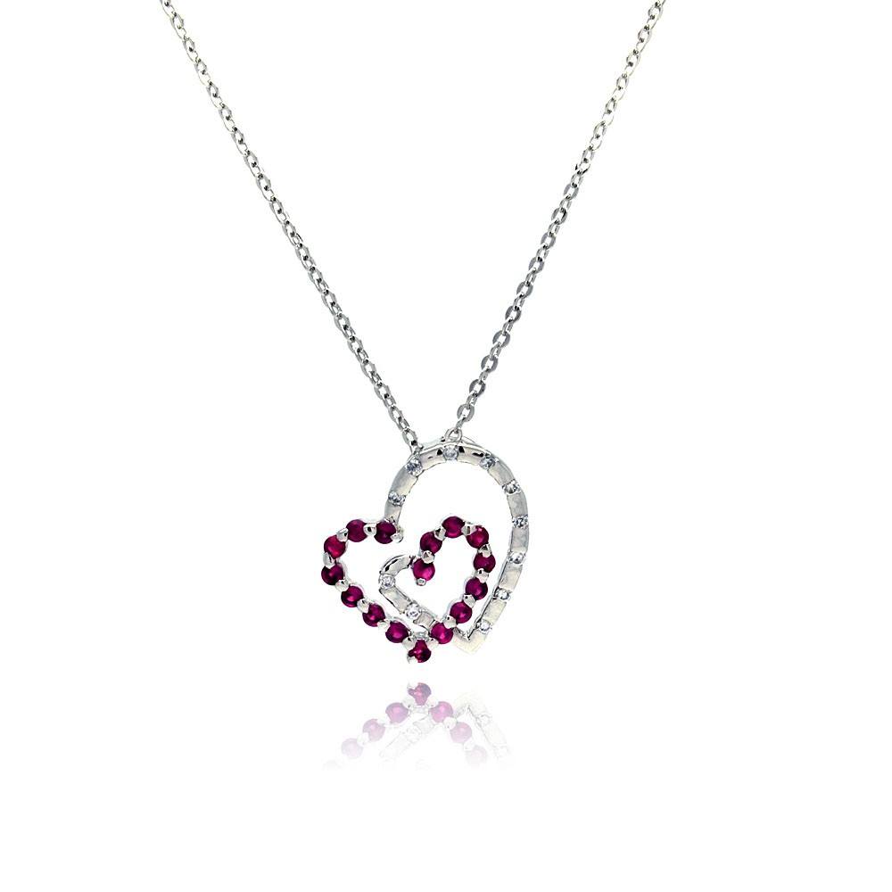 Sterling Silver Necklace with Trendy Double Heart Inlaid with Ruby and Clear Czs Pendant