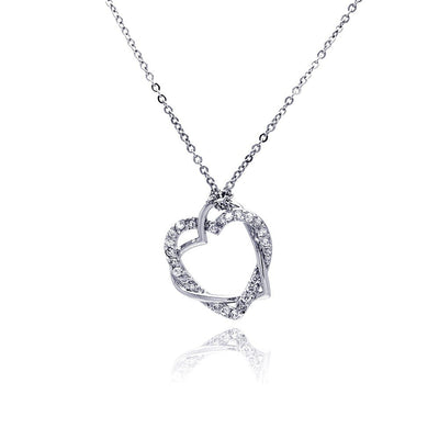 Sterling Silver Necklace with Classy Double Heart Knot Inlaid with Clear Czs Pendant