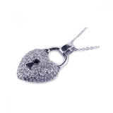 Sterling Silver Necklace with Fancy Heart Lock Covered with Micro Paved Czs Pendant