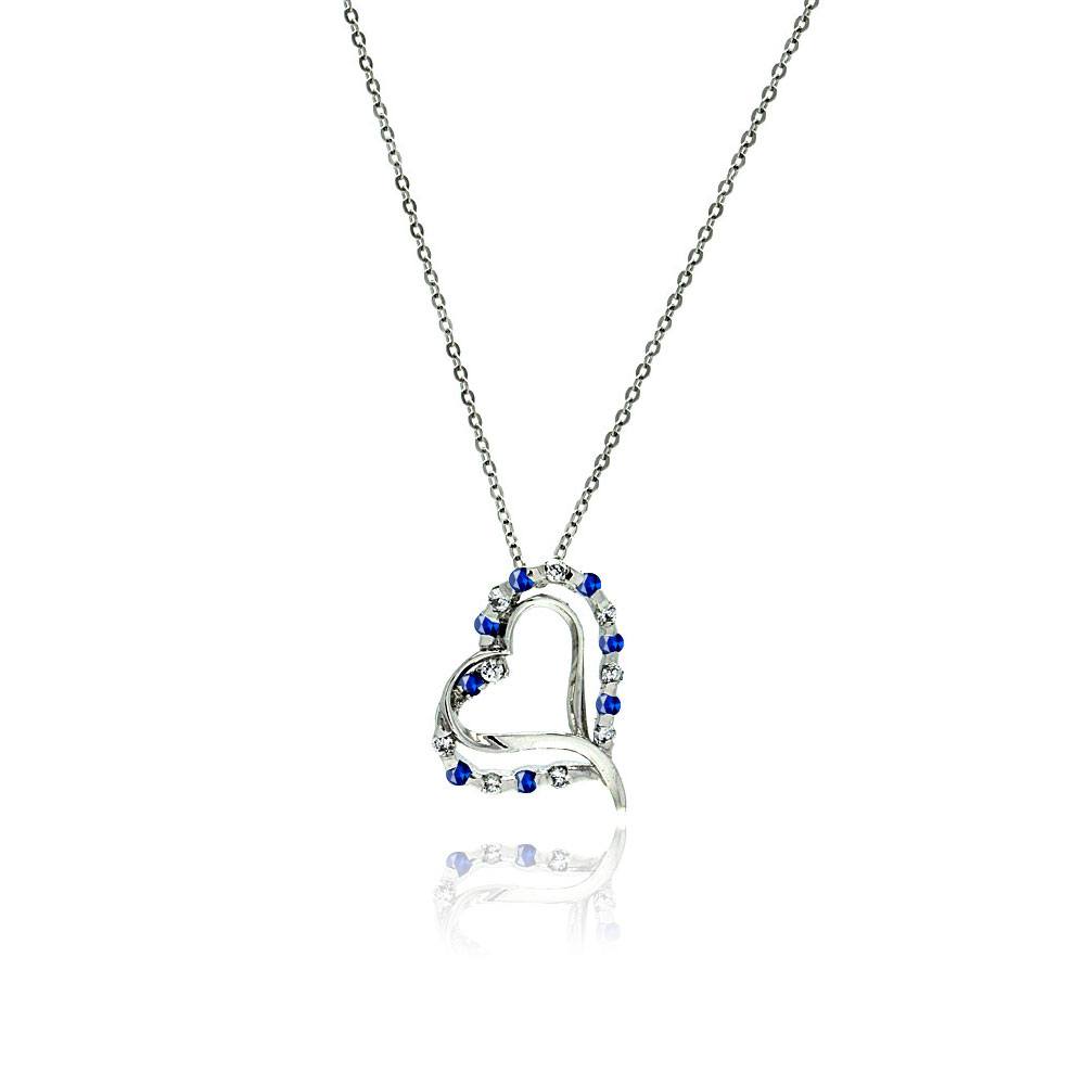 Sterling Silver Double Open Heart Pendant with Blue and Clear CZ Accents Necklace