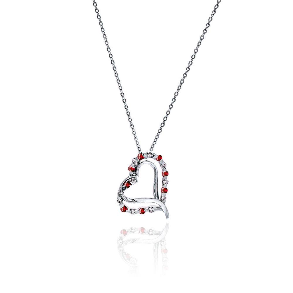 Sterling Silver Red and Clear CZ Rhodium Plated Heart Necklace