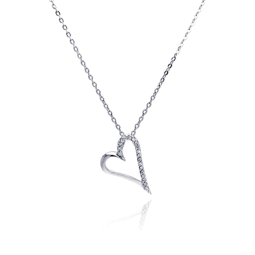 Sterling Silver Necklace with Sideways Open Heart Inlaid with Clear Czs Pendant