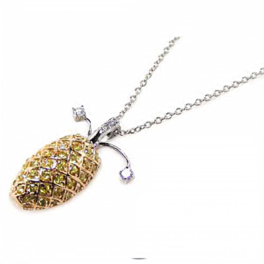 Sterling Silver Necklace with Fancy Gold Plated Pineapple Inlaid with Yellow Czs and Clear Czs Pendant