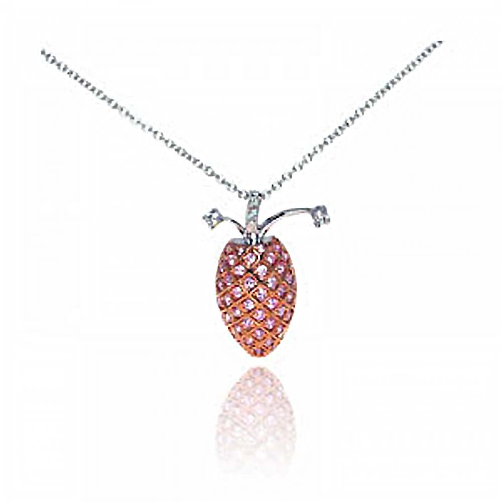 Sterling Silver Necklace with Fancy Rose Gold Plated Pineapple Inlaid with Pink Czs and Clear Czs Pendant