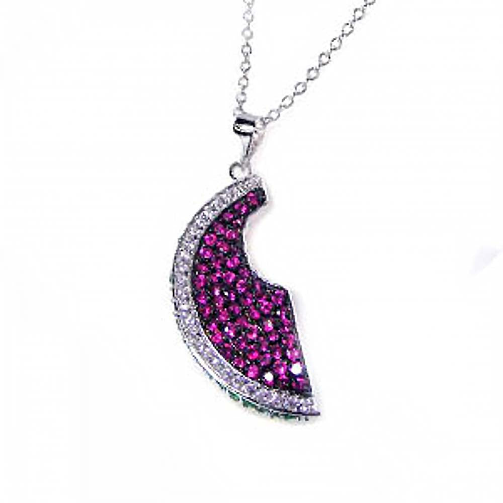 Sterling Silver Necklace with Fancy Paved GreenAnd Hot Pink and Clear Czs Bitten Watermelon Pendant