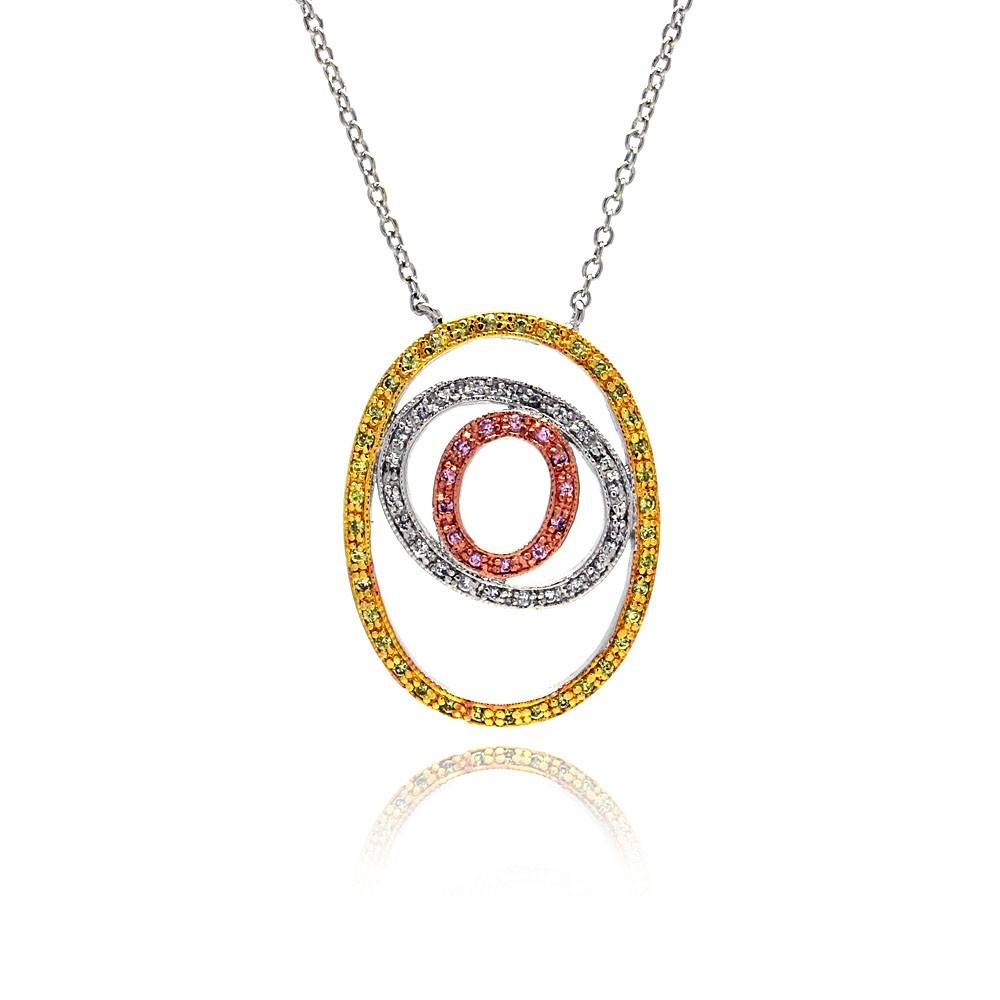 Sterling Silver Necklace with Three Toned Oval and Evil Eye Pendant Inlaid with Multi-Colored Czs