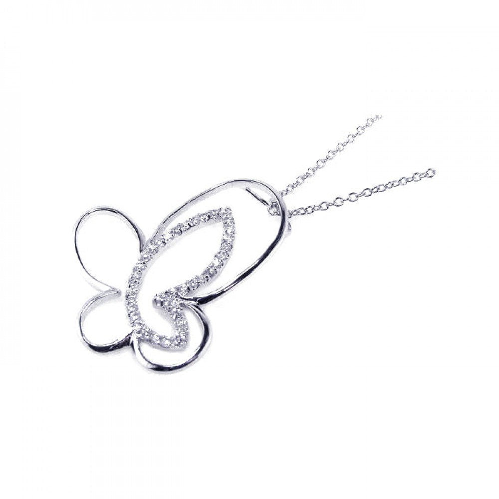 Sterling Silver Necklace with Fancy Butterfly Inlaid with Clear Czs Pendant