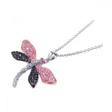 Sterling Silver Fancy Paved Pink. Black and Clear Czs Dragonfly Pendant