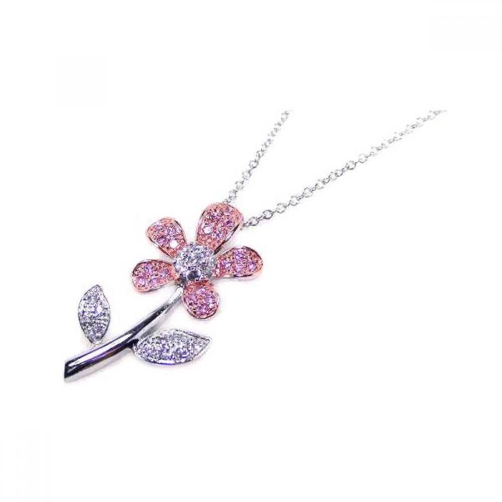 Sterling Silver Necklace with Trendy Pink Flower Inlaid with Clear and Pink Czs Pendant