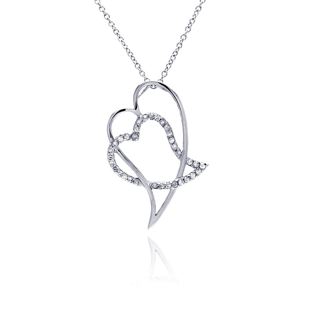 Sterling Silver Necklace with Fancy Double Heart Knot Inlaid with Clear Czs Pendant