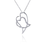 Sterling Silver Necklace with Fancy Double Heart Knot Inlaid with Clear Czs Pendant