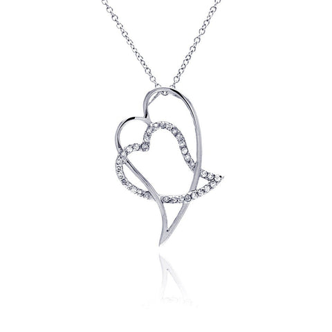 Sterling Silver Necklace with Fancy Double Heart Knot Inlaid with Clear Czs Pendant