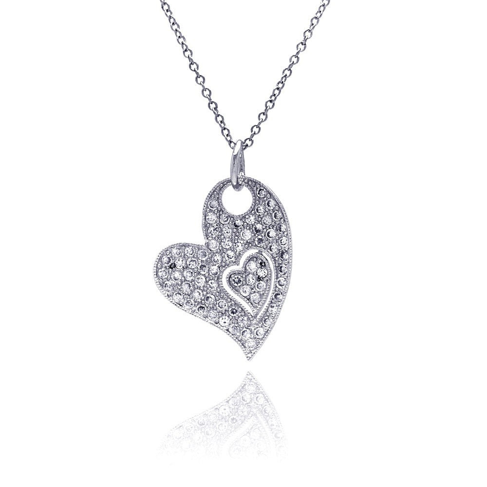 Sterling Silver Necklace with Micro Paved Heart with Small Heart Design Pendant