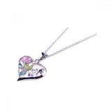 Sterling Silver Necklace with Fancy Heart with Word  LOVE  and Multi-Color Czs Flower Design Pendant