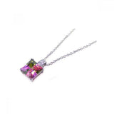 Sterling Silver Necklace with Classy Solitaire Princess Cut Colored Stone Pendant and Bail Inlaid with Clear Czs