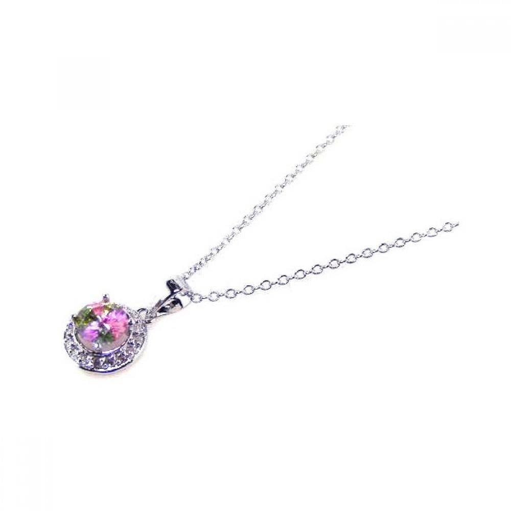 Sterling Silver Necklace with Elegant Solitaire Round Cut Colored Stone Pendant with Clear Czs on Halo Setting