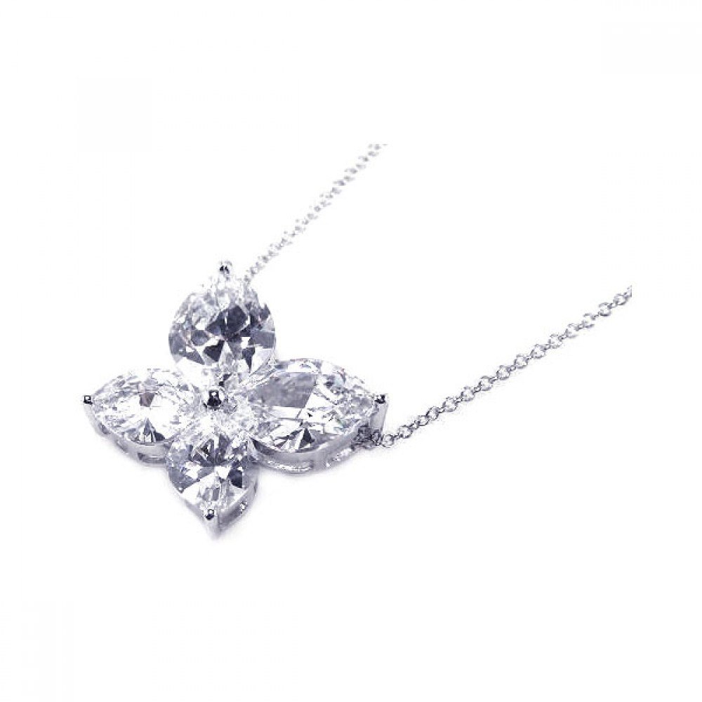 Sterling Silver Necklace with Butterfly Solitaire Prong Set with Clear Czs Pendant