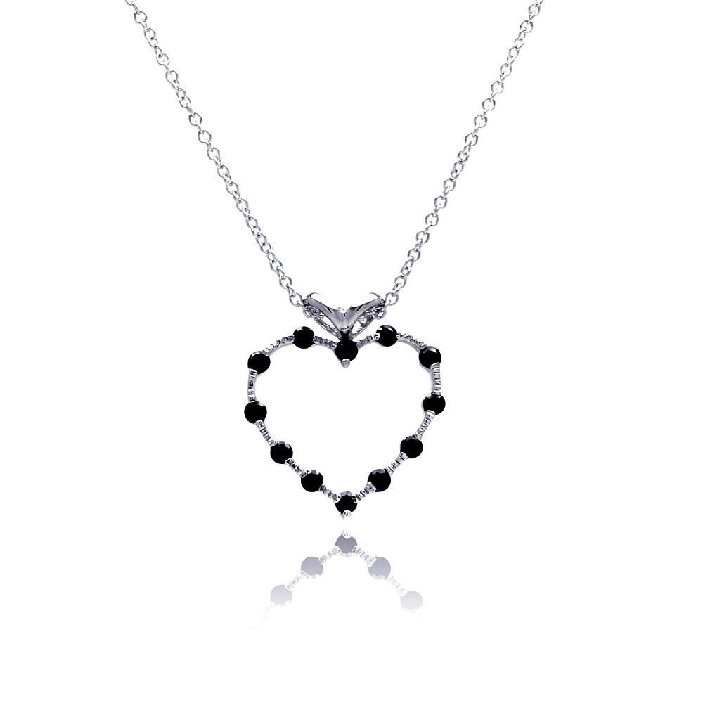 Sterling Silver Black CZ Rhodium Plated Heart Pendant Necklace