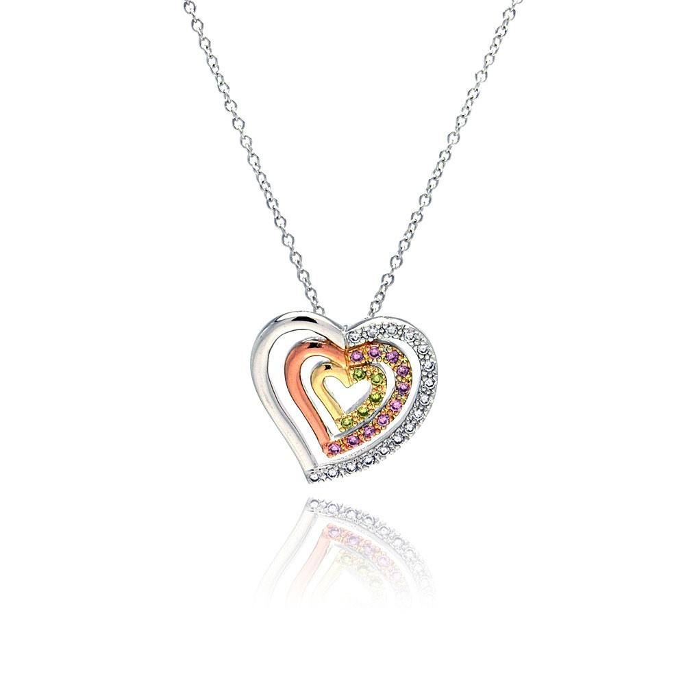 Sterling Silver Necklace with Three-Toned Heart Inlaid with Multi-Color Czs Pendant