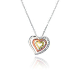 Sterling Silver Necklace with Three-Toned Heart Inlaid with Multi-Color Czs Pendant