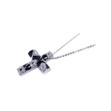 Load image into Gallery viewer, Sterling Silver Clear CZ Black Enamel Rhodium Plated Cross Pendant Necklace