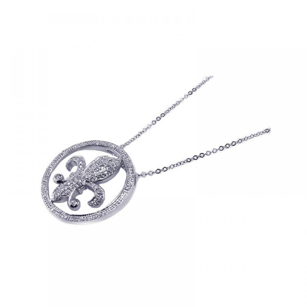 Sterling Silver Necklace with Classy Paved Czs Round Frame and Fleur De Lis Pendant