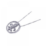 Sterling Silver Necklace with Classy Paved Czs Round Frame and Fleur De Lis Pendant