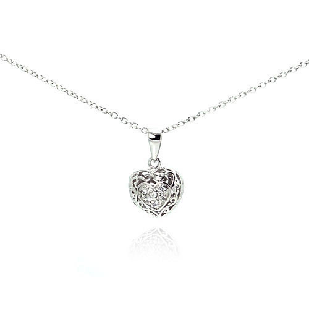 Sterling Silver Necklace with Small Filigree Heart Inlaid with Clear Czs Pendant