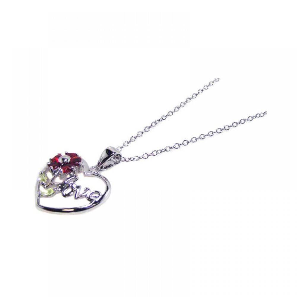 Sterling Silver Necklace with Fancy Heart Love and Flower Design Inlaid with Red and Light Green Cz Pendant