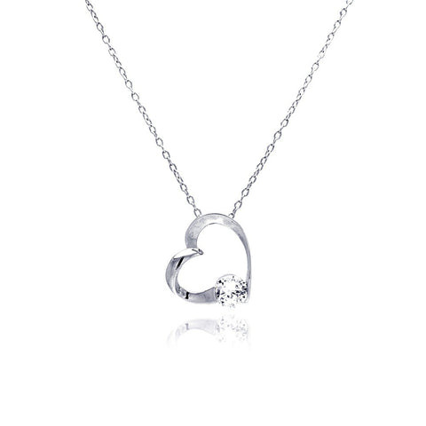 Sterling Silver Clear CZ Rhodium Plated Heart Pendant Necklace